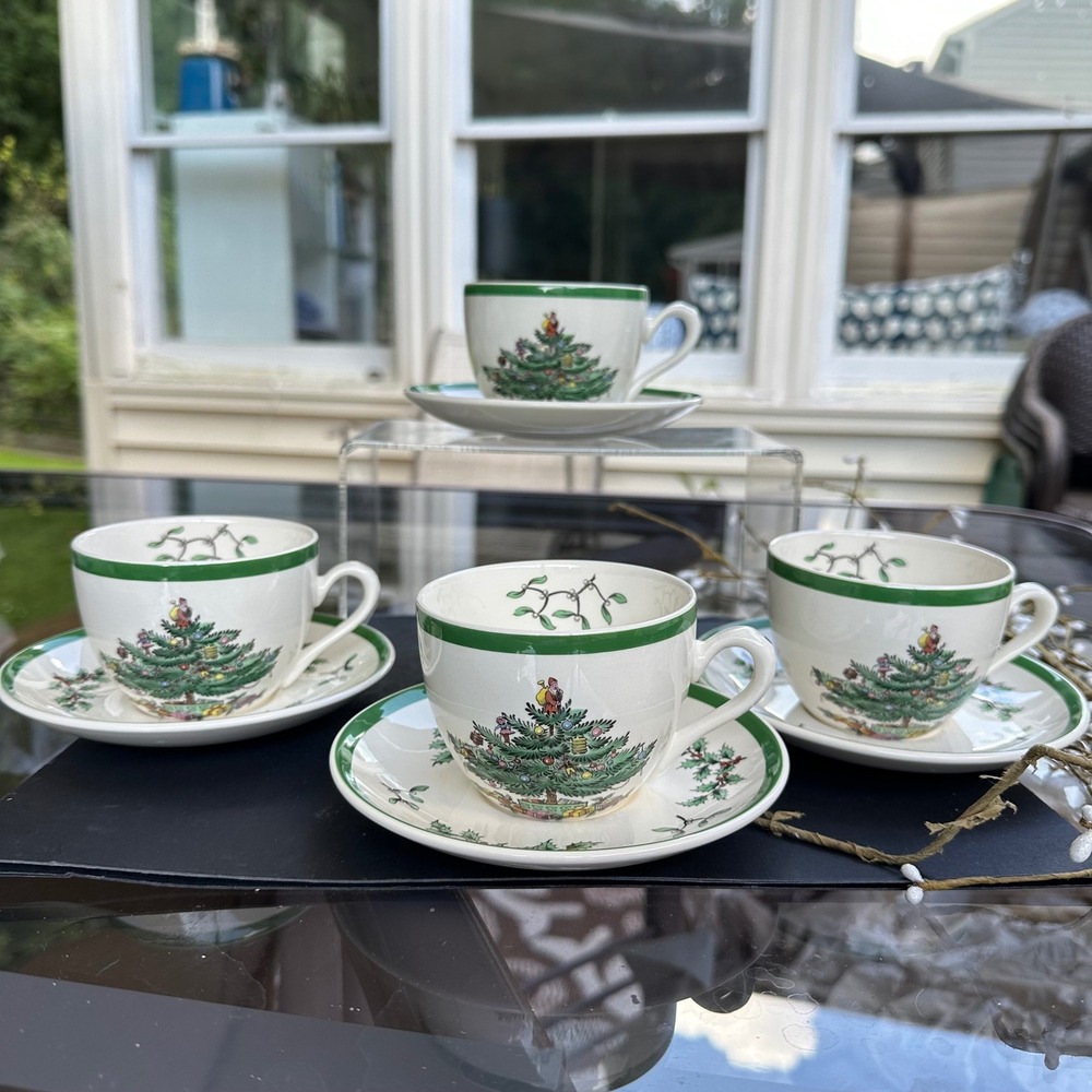 Vintage Spode England "Christmas Tree " Teacup & Saucer Set 4 Pairs